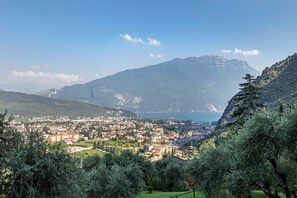 A town nestled in a valley with mountains in the background, surrounded by greenery.