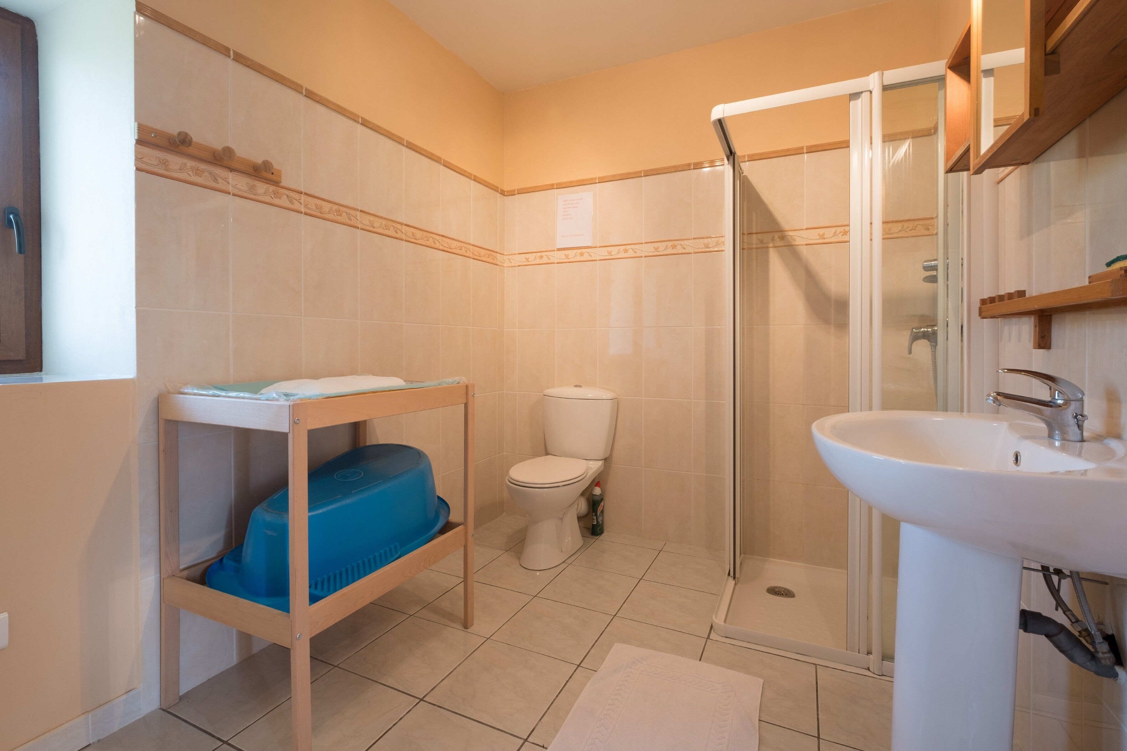 A bathroom with a toilet, a sink, a shower, and a shelf with toiletries.