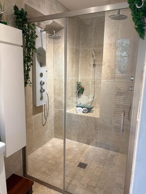 Shower, hair dryer, towels