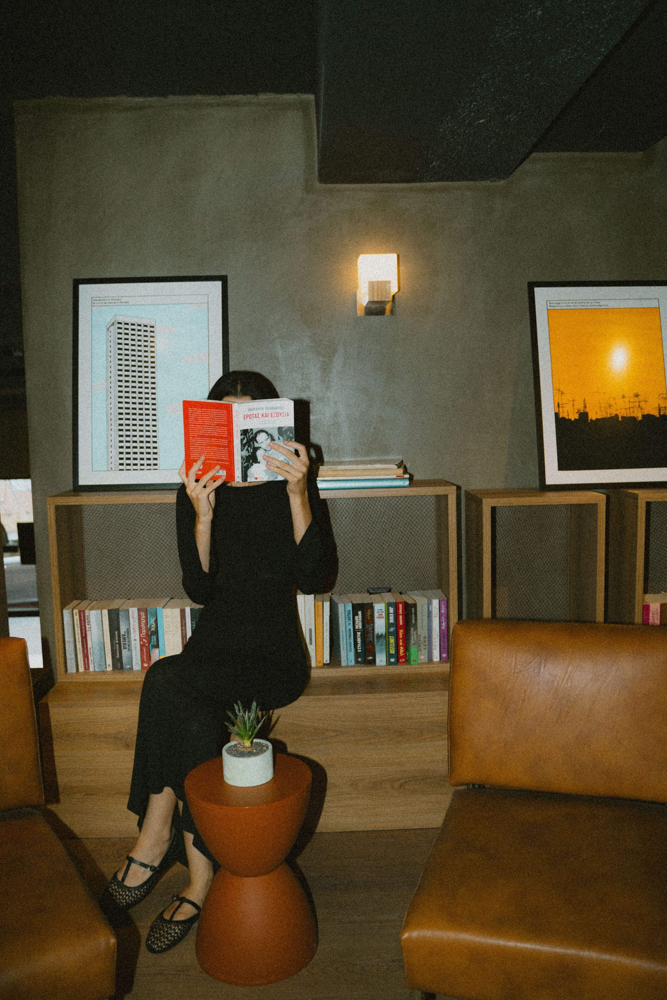 Iemand leest een boek in een kamer met een boekenkast, een lijst als decoratie aan de muur en een plantje op een tafel.