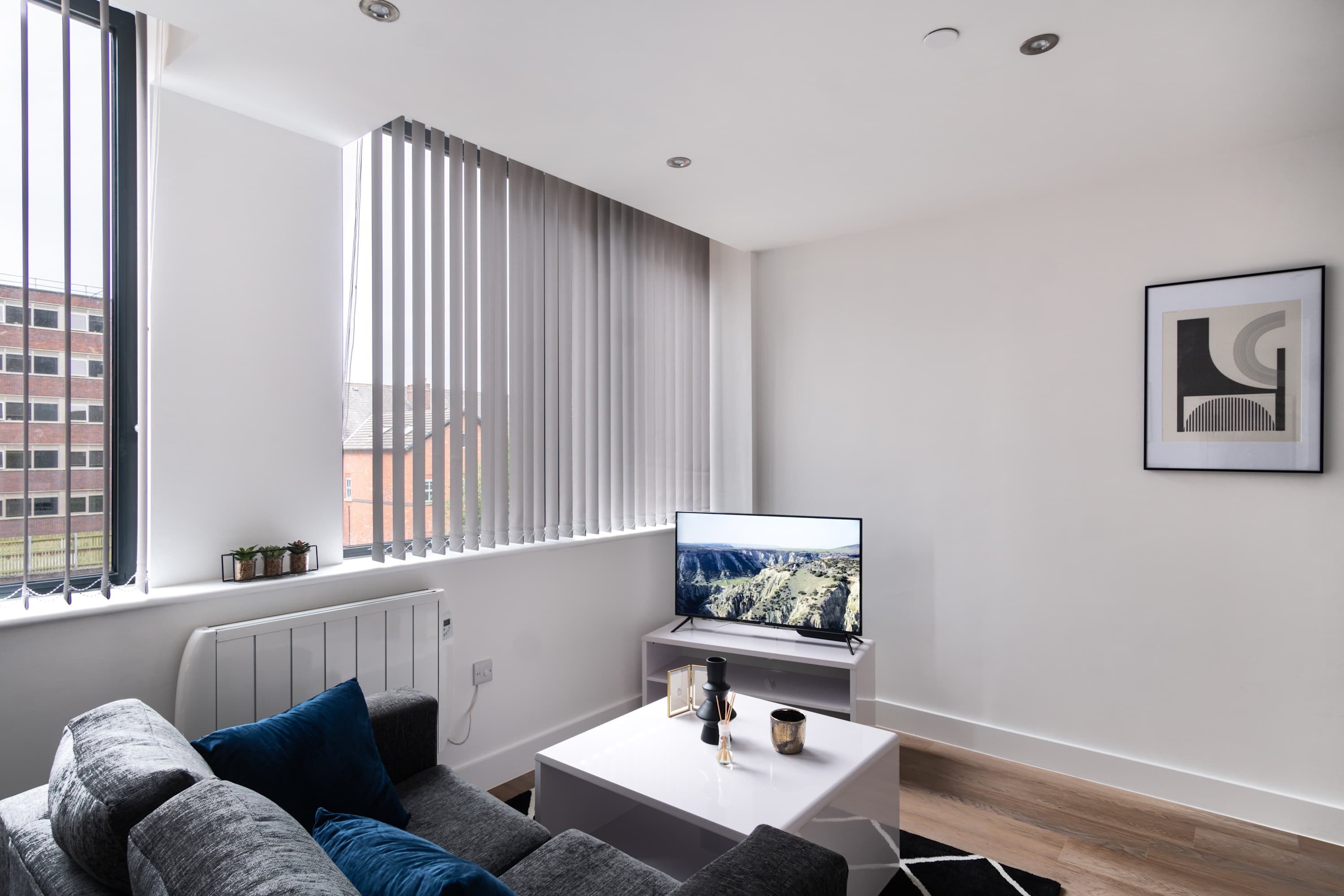 A modern living room with a grey sofa, a white coffee table, and a flat-screen TV on a stand. There is a window with blinds, a radiator, and a framed picture on the wall.