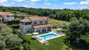 A two-story house with a swimming pool, surrounded by a well-maintained lawn and trees. - Villa Stella Polaris with pool in Višnjan, Istria (Srebrnići)