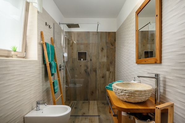 Shower, hair dryer, towels