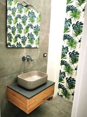 Shower, hair dryer, bidet, towels