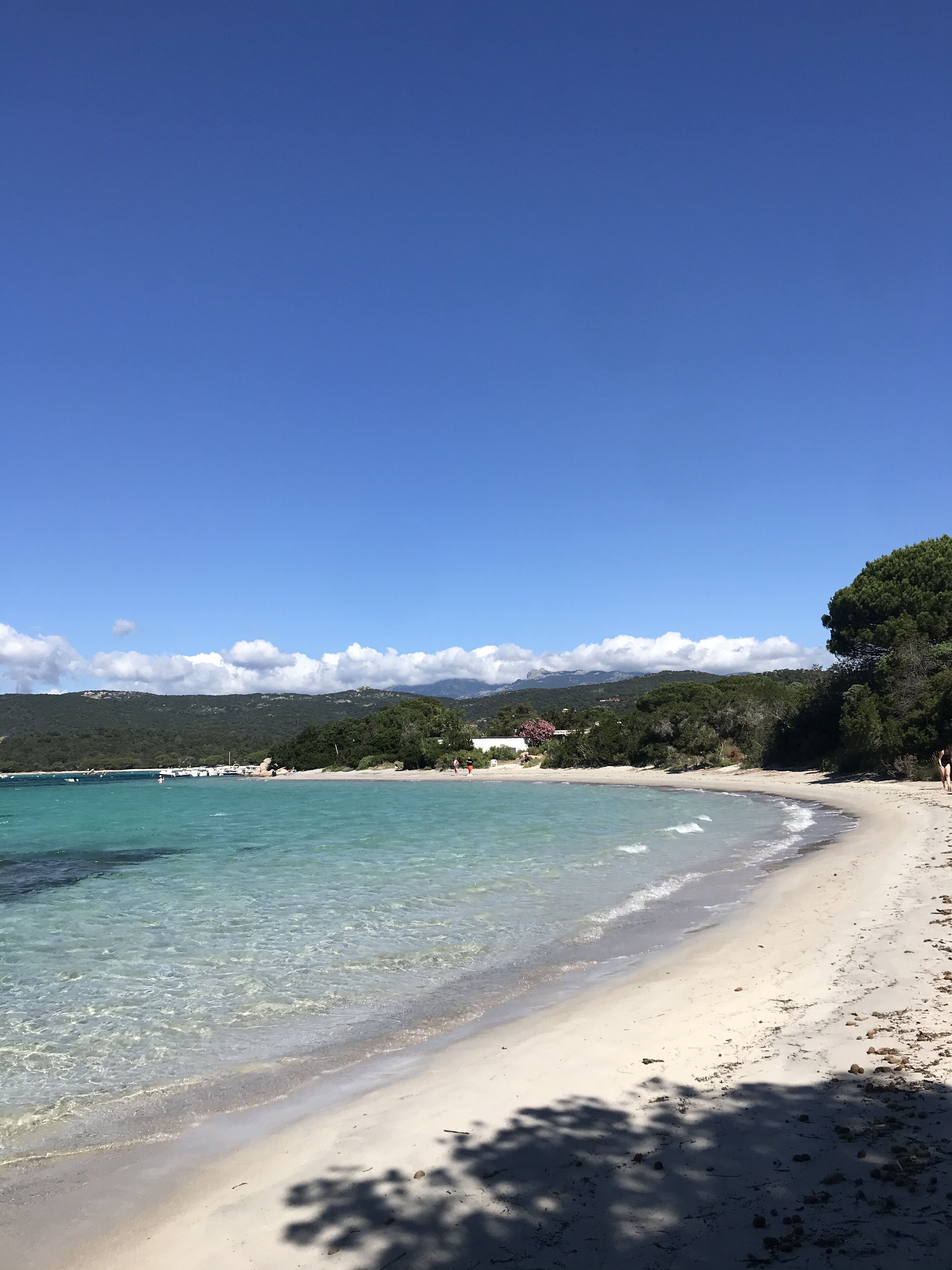 Ein Strand mit klarem türkisblauem Wasser, sandigem Ufer und einem Hintergrund aus grünen Hügeln unter blauem Himmel.