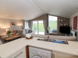 A compact living space with a kitchenette, a dining area, a sofa, and a TV.