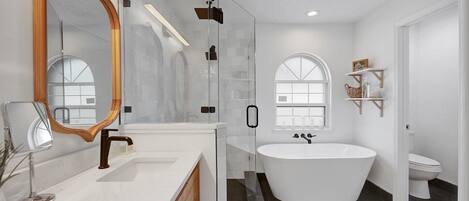 Bathtub, hair dryer, towels