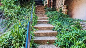 Eine Betonstiege, umgeben von dichtem Grün, führt zu einem Gebäude mit einem blauen Geländer und einer Backsteinmauer.