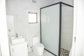 Chuveiro, toalhas de banho, sabonete, shampoo