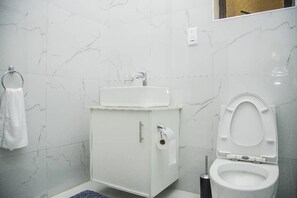 Bathroom features a white sink, toilet, and marble tiles.