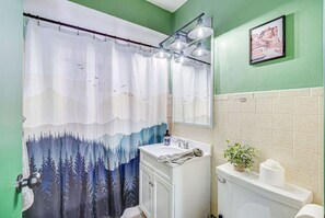 Hair dryer, towels, soap, shampoo