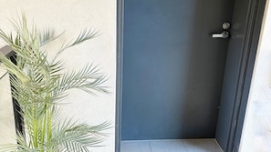 Une porte avec une poignée, une plante aux longues feuilles et un mur à la texture particulière.