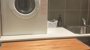 A compact washer and dryer unit with a stainless steel finish, a sink with a modern faucet, and a small basket for laundry. - Aurora on Gregory Apartment (South West Rocks)