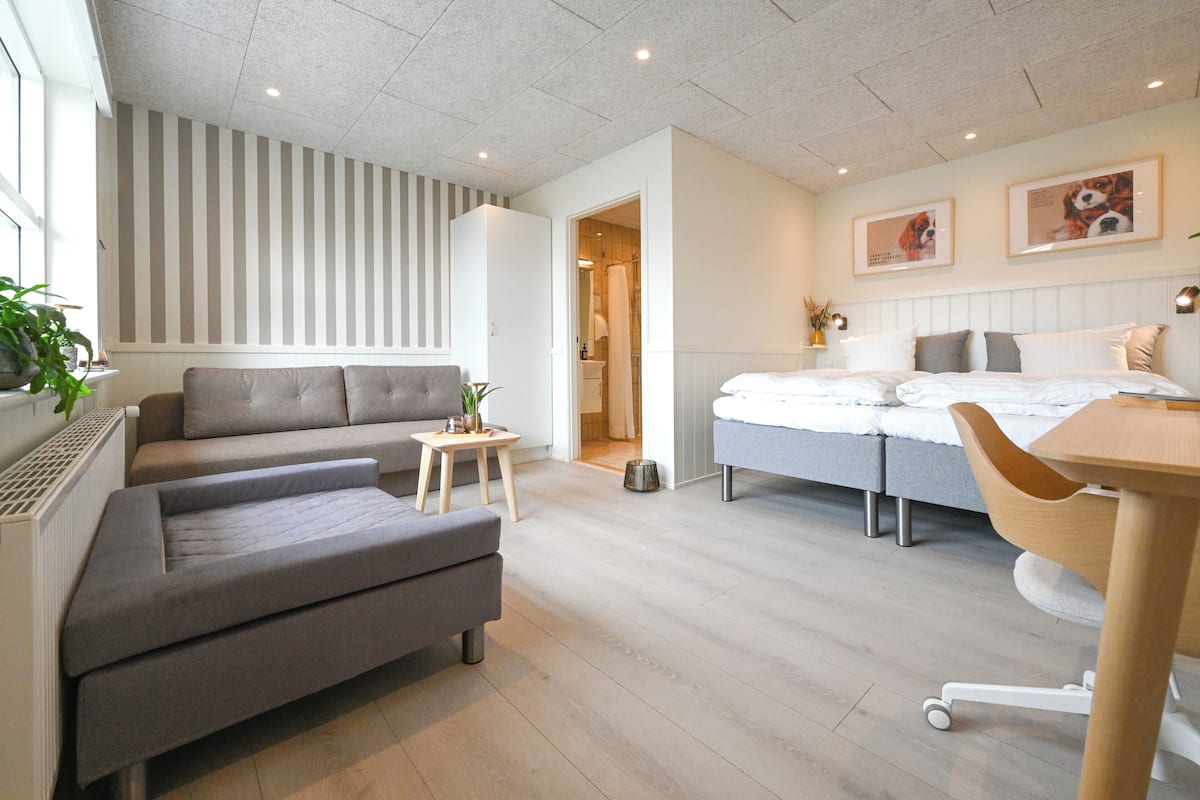 A modern bedroom with a bed, a sofa, a small table, and a desk.