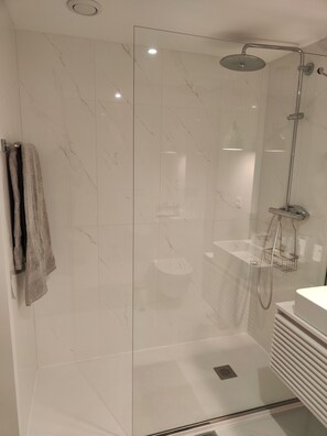 Shower, hair dryer, bidet, towels
