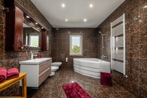 Secadora de cabello, bidet, toallas, papel de baño 