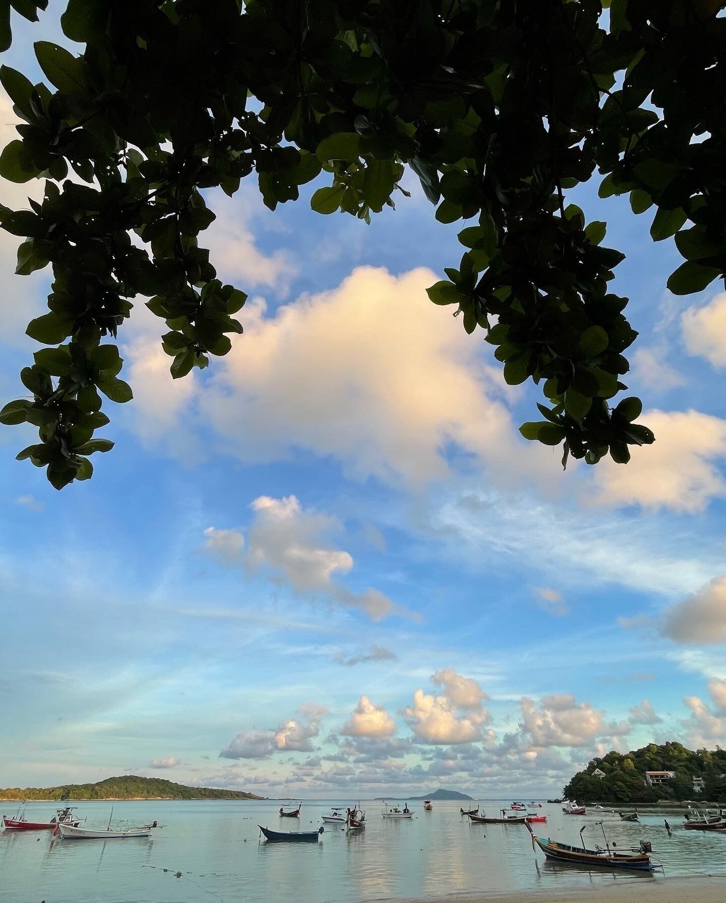 A calm body of water with several boats anchored, surrounded by a hilly landscape and a clear sky with clouds.