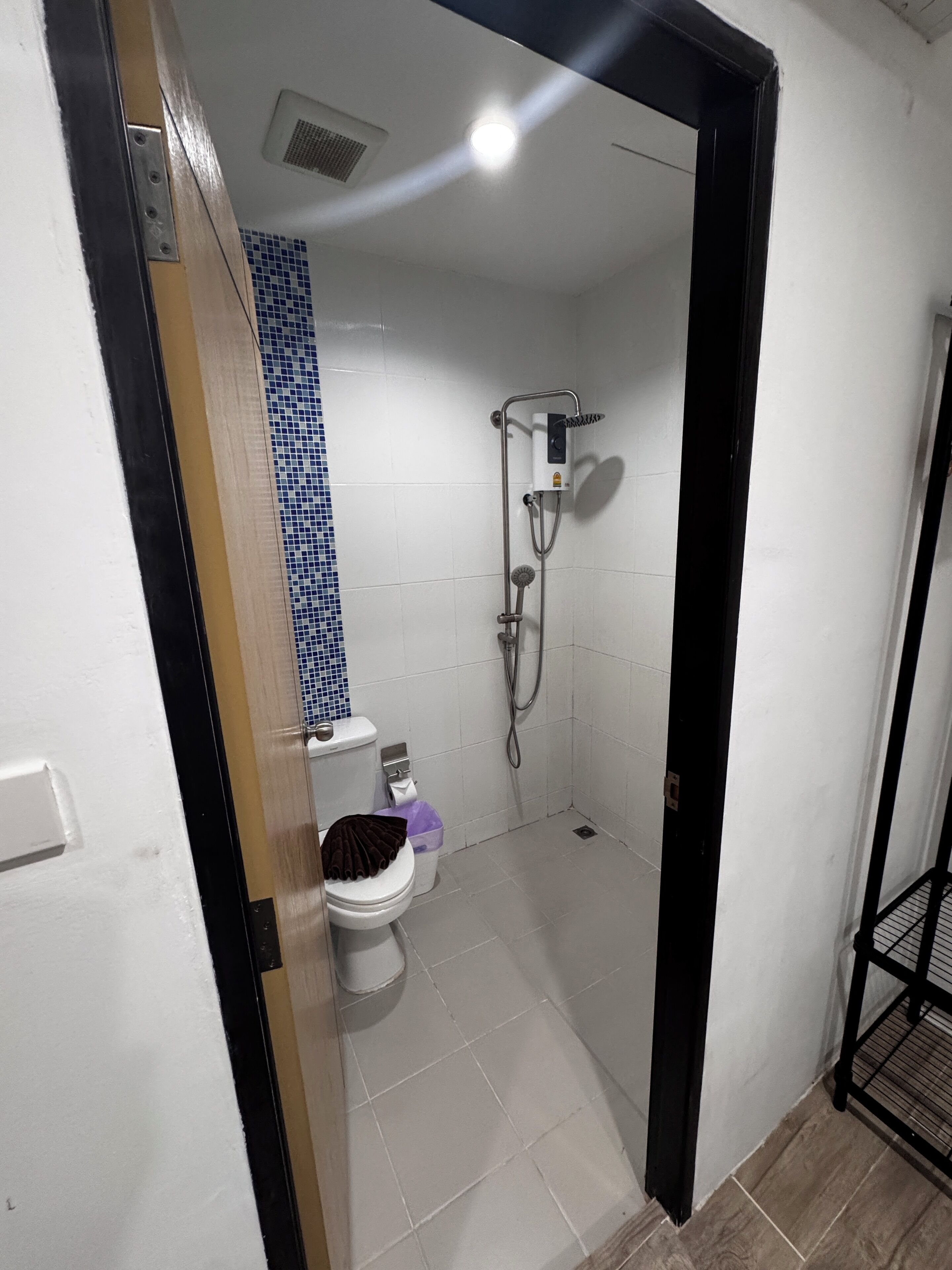 Een badkamer met toilet, douche en betegelde wand.