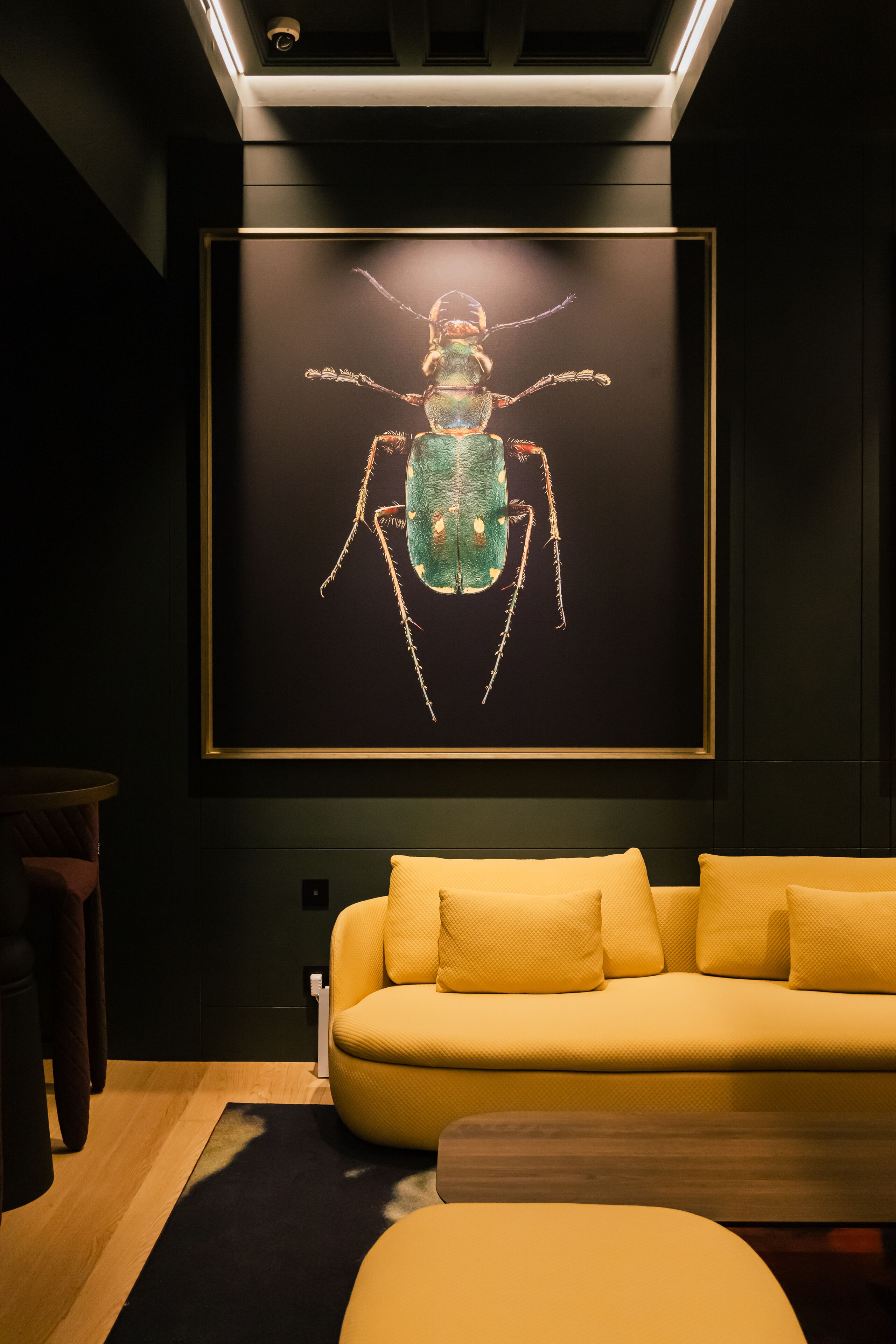 Uma sala de estar moderna com um sofá amarelo, uma obra de arte emoldurada de um besouro e uma luminária de teto.