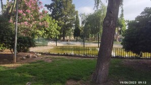 A park with a fenced area, trees, and a cactus. - Apartamento Villa Inés (Huércal de Almería)