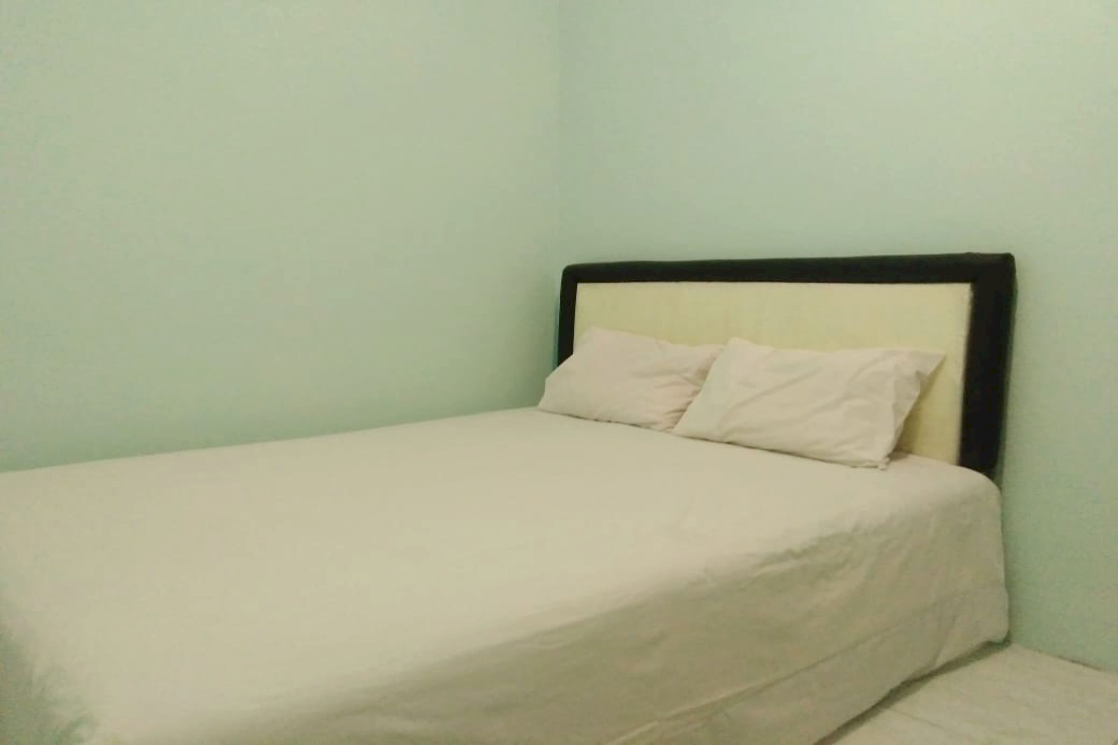 A single bed with a white mattress and two pillows in a room with light green walls.
