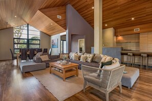 Smart-tv, eldstad, ett bordtennisbord och böcker