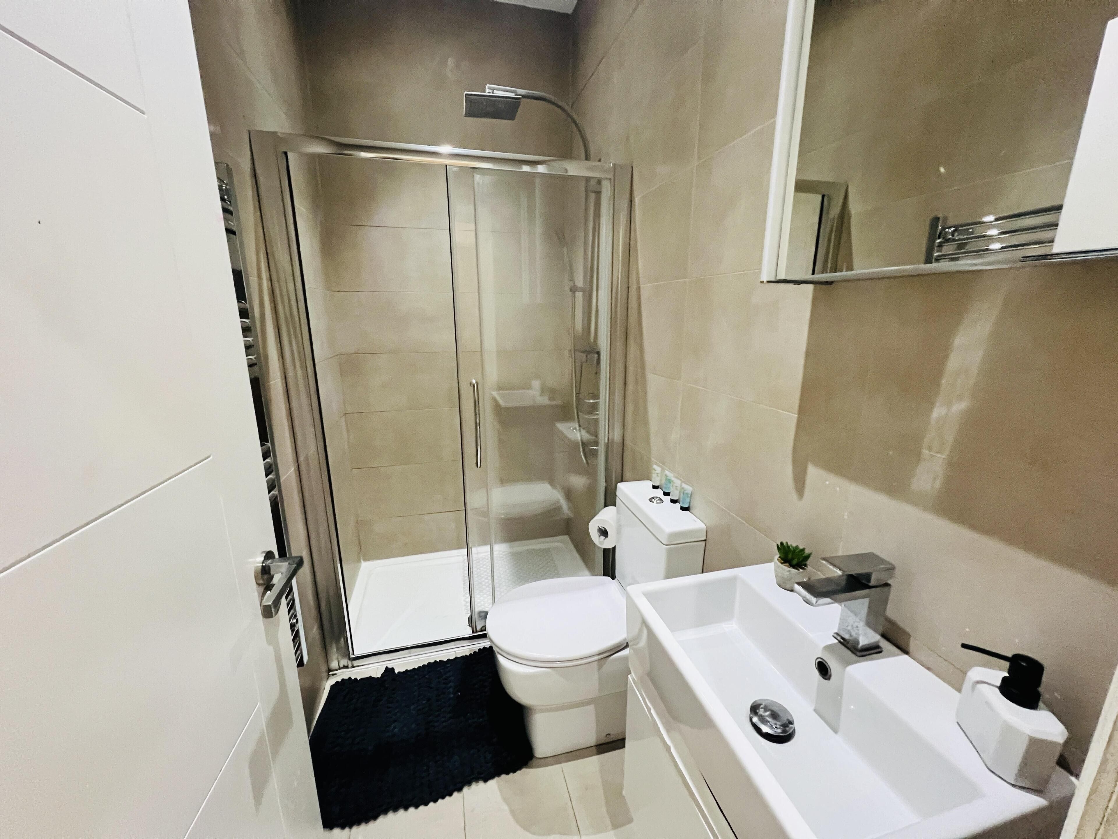 Appartement, 1 grand lit | Salle de bain | Douche, séchoir à cheveux, serviettes fournies