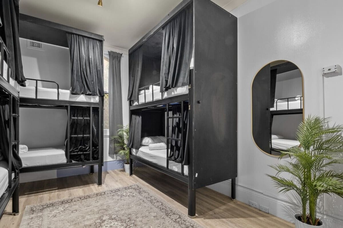 A room with bunk beds, a large mirror, and a potted plant.