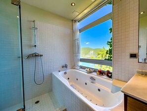 Shower, hair dryer, towels, soap