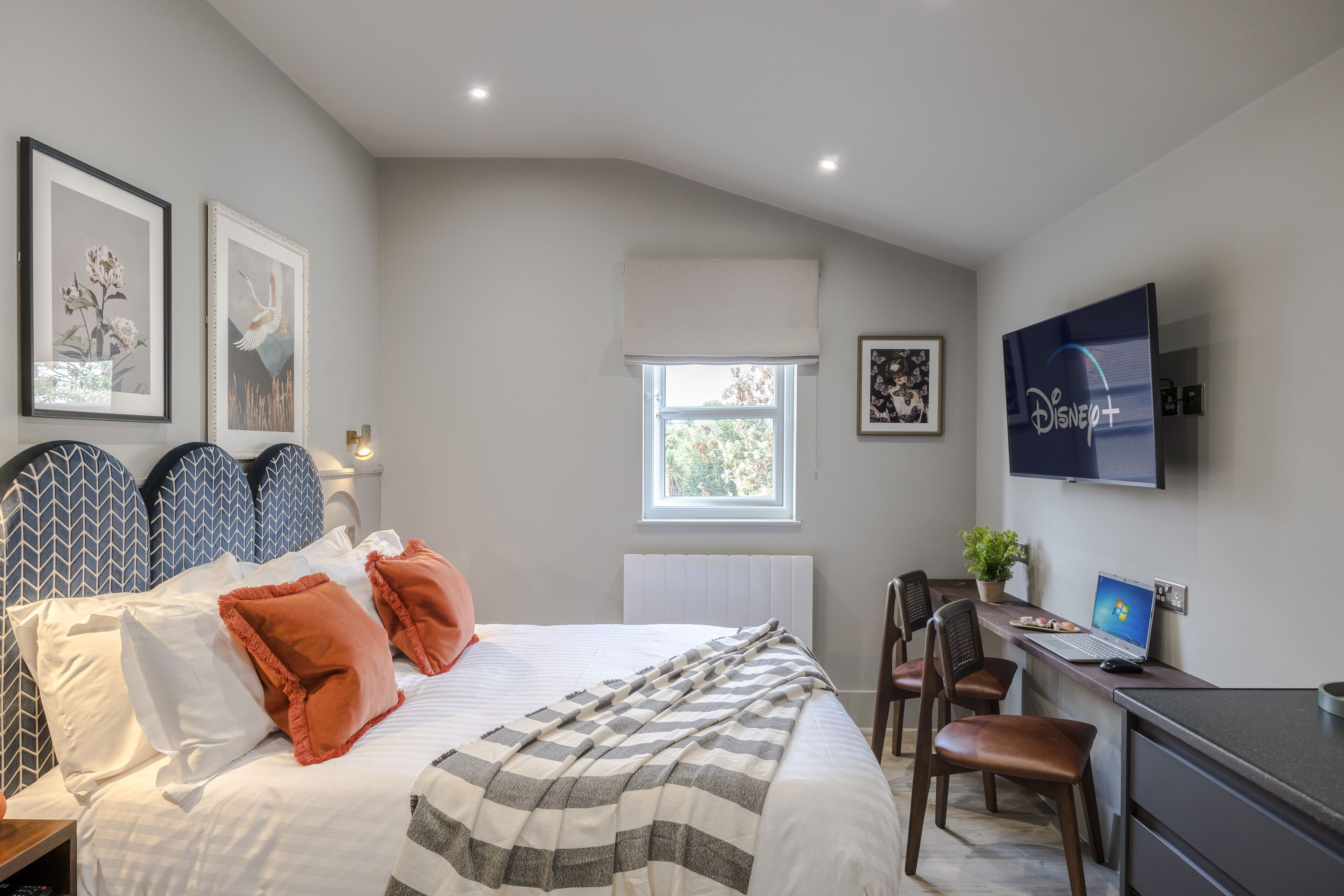 A bedroom with a bed, a desk, a chair, a TV, and framed pictures on the wall.