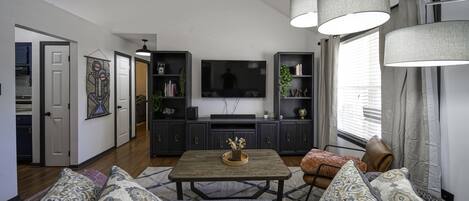 TV connectée, cheminée, jeux vidéo, livres