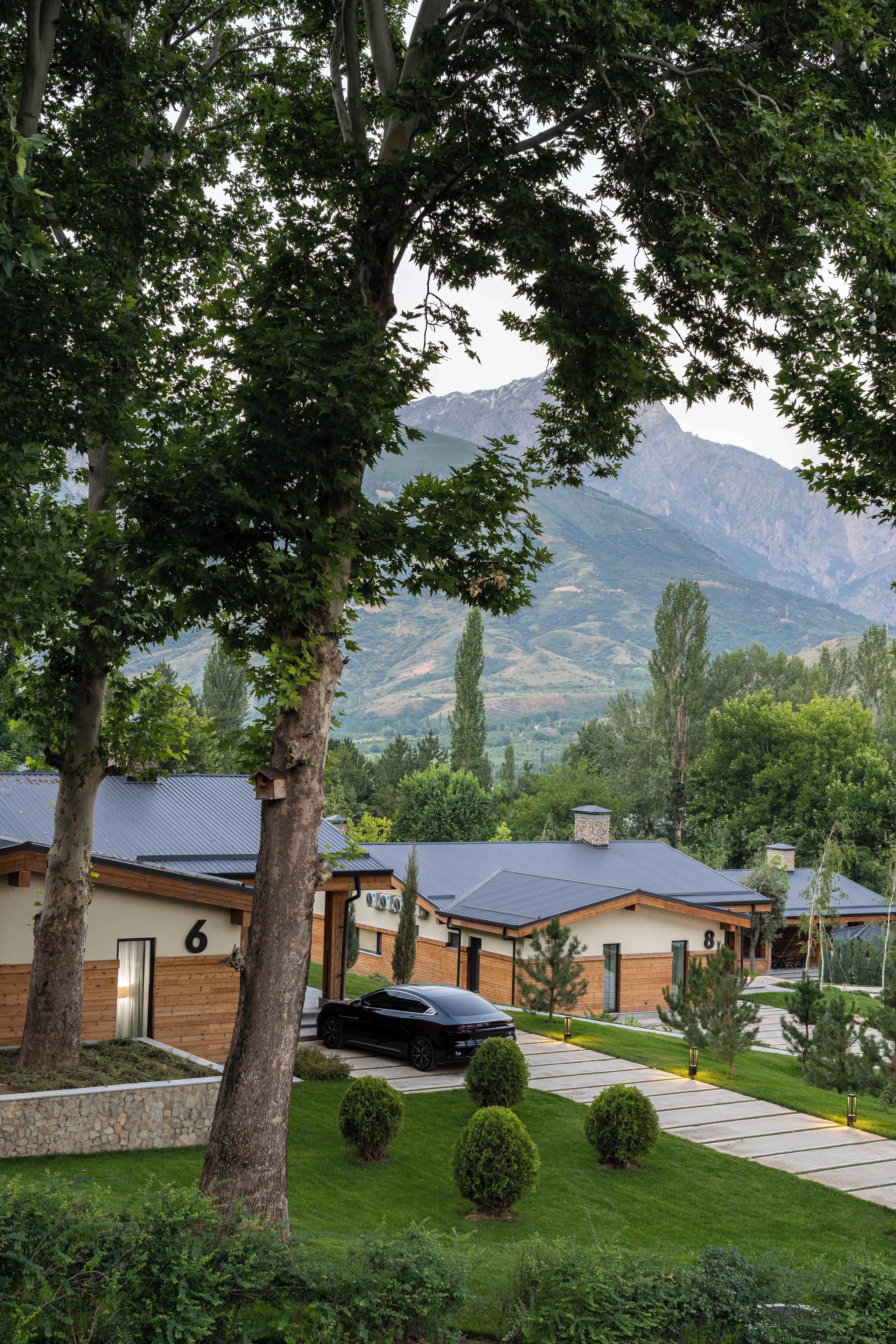 Un barrio residencial con dos casas, números 6 y 8, rodeado de abundante vegetación y montañas al fondo.