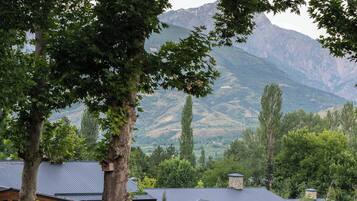Un barrio residencial con dos casas, números 6 y 8, rodeado de abundante vegetación y montañas al fondo.