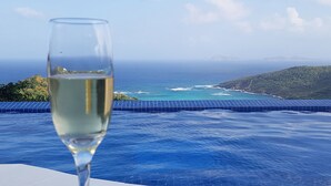 Un verre de vin blanc, avec vue sur l’océan et les montagnes au loin.
