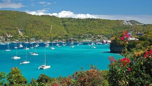 Un port de plaisance situé sur la côte, où sont amarrés de nombreux voiliers, entouré d’une végétation luxuriante et dominé par un paysage montagneux.