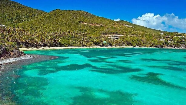 Un paysage côtier avec une eau turquoise cristalline, une plage de sable et une colline boisée en arrière-plan.