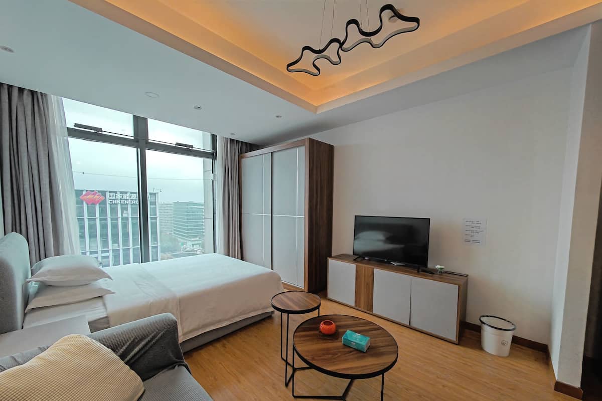 A modern hotel room with a bed, a sofa, a TV on a wooden cabinet, and a small table with a vase and box.