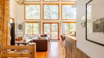 Smart TV, fireplace, books, offices