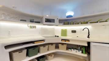 Superior Villa | Private kitchen | Full-sized fridge, microwave, cookware/dishes/utensils