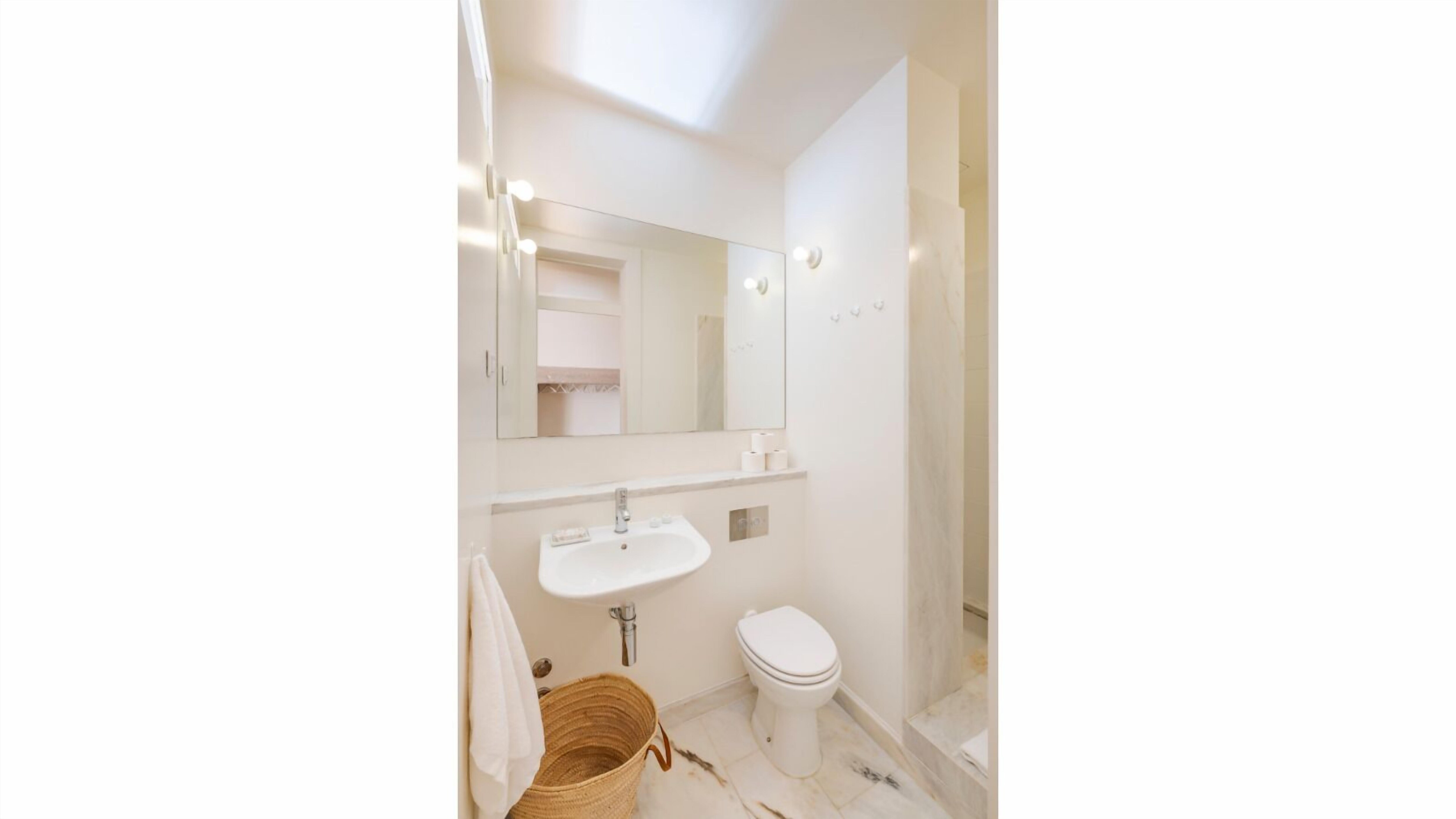 A bathroom with a white sink, toilet, and a mirror above the sink.