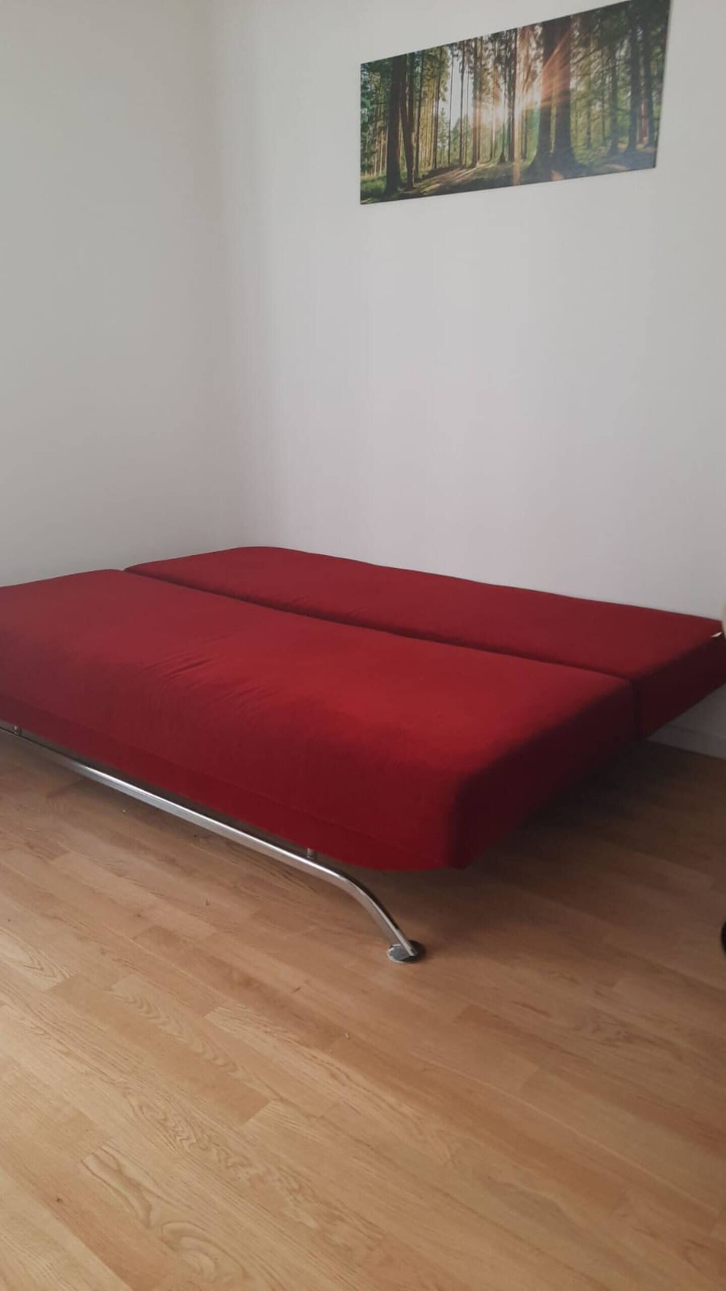 Ein Zimmer mit einem roten Schlafsofa, einer weißen Wand, einem Holzboden und einem Waldgemälde über dem Bett.