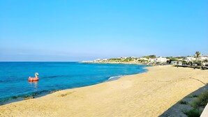 A beach with clear blue water, a sandy shore, and buildings in the background. - 5-star dream villa, beach access, pool, jacuzzi (Marina di Felloniche)