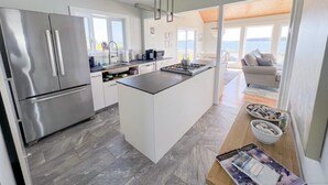 Een moderne keuken met een centraal eiland, roestvrijstalen apparatuur en uitzicht naar buiten.