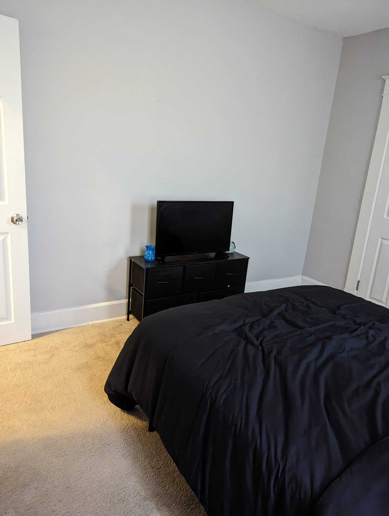 Ein Schlafzimmer mit einem schwarzen Bett, einem Fernseher auf einer schwarzen Kommode und einer weißen Tür.