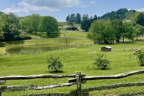 A rural landscape with a pond, grassy fields, trees, and a wooden fence.