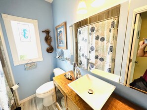 Jetted bath, hair dryer, towels, soap