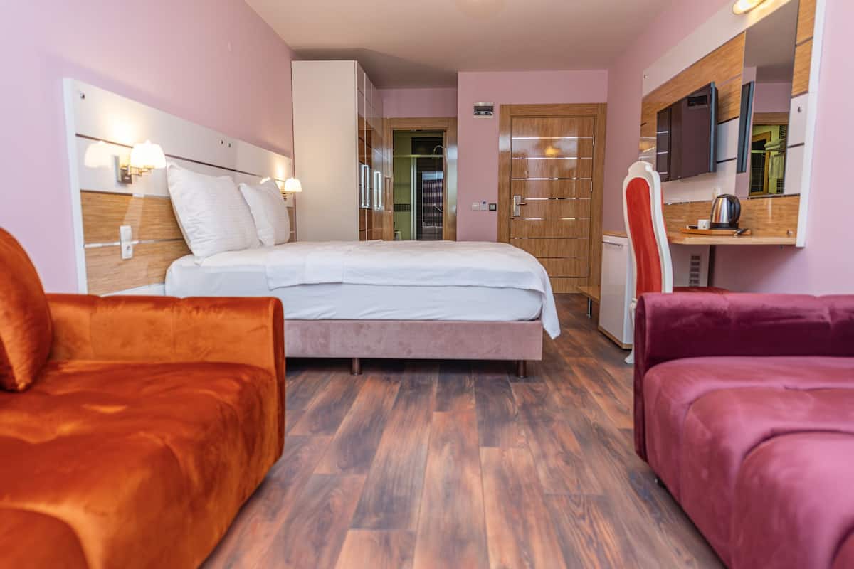 Una habitación de hotel con una cama, dos sofás, suelo de madera, un espejo y una televisión.