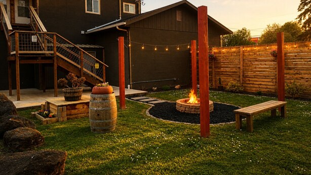 Une maison avec une terrasse en bois, un foyer extérieur et une clôture en bois.