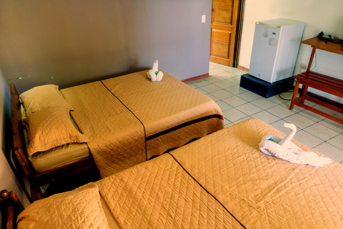 Dos camas individuales con colchas marrones, una mesita de noche de madera, un almohadón blanco con forma de cisne y un refrigerador pequeño.