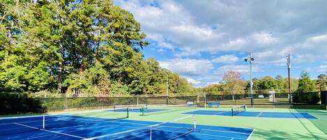 An outdoor tennis court with a blue and green surface, surrounded by trees and a fence.